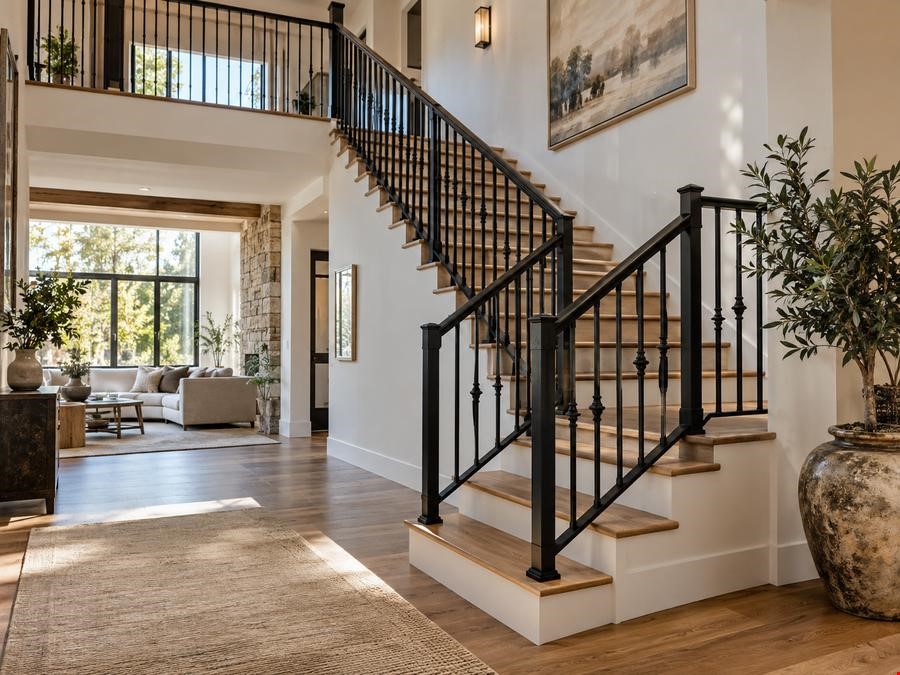 מעקה ברזל שחור מעוצב לגרם מדרגות בכניסת בית מגורים